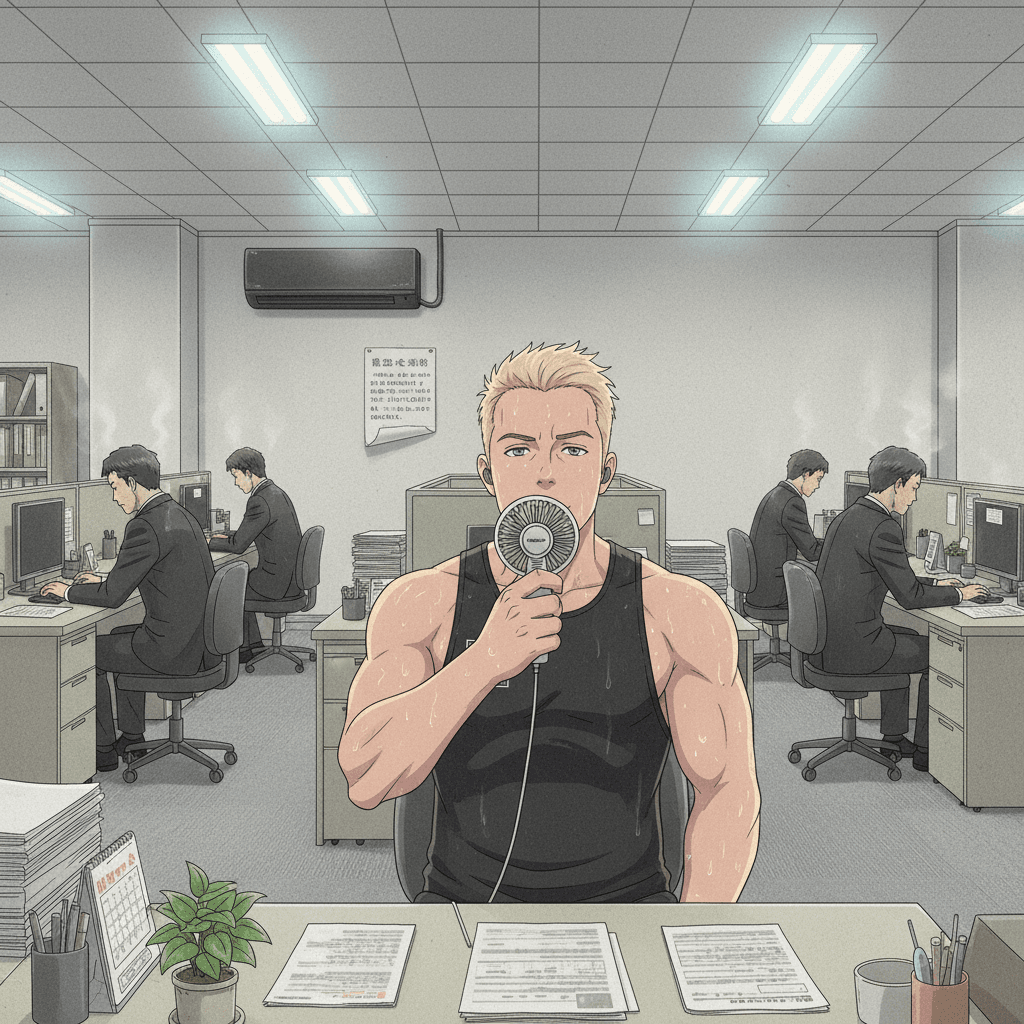 A foreign man sweats at a desk in a hot Japanese office in May, holding a small fan, beside a switched-off wall air conditioner.