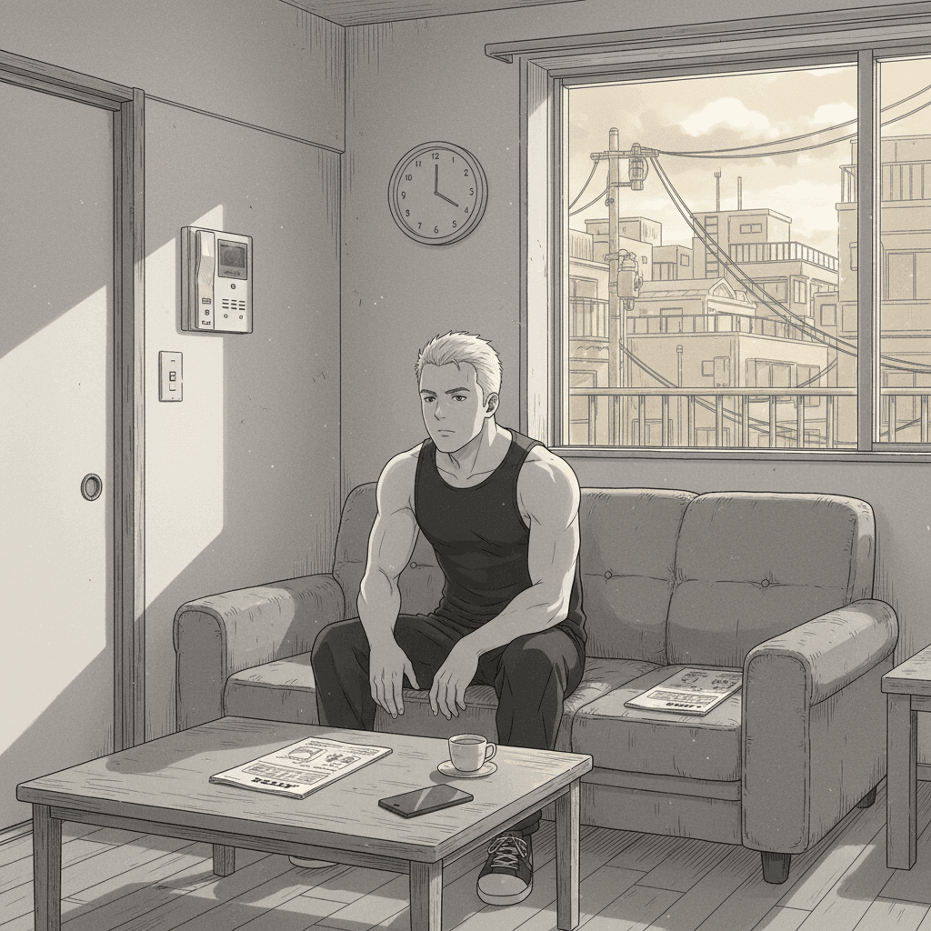 A foreign man sits dressed and waiting on a sofa in a small flat, staring at an intercom panel near the door in the late afternoon.