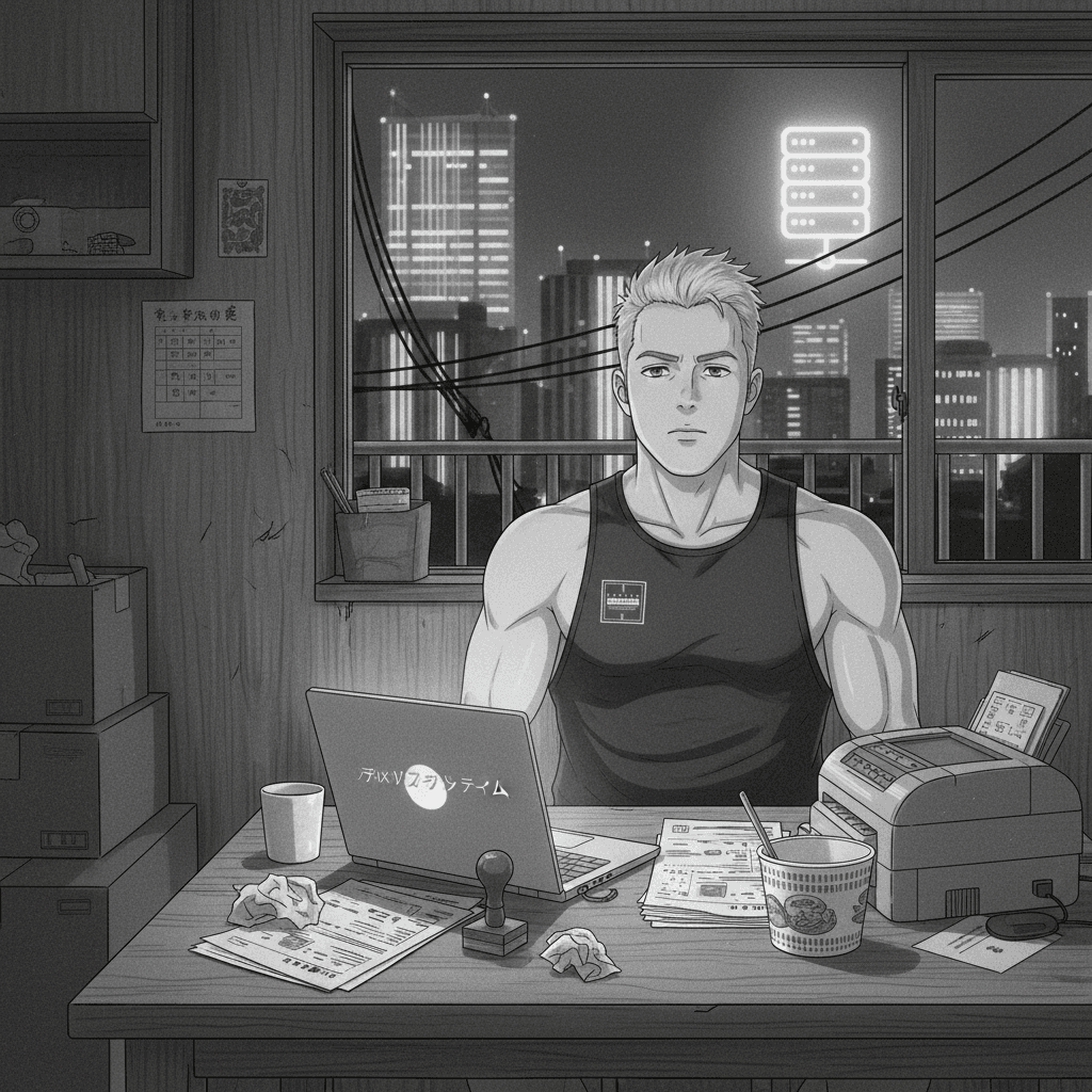 A foreign man sits at a kitchen table at night staring at a laptop, surrounded by medical paperwork, a fax machine and a hanko stamp.