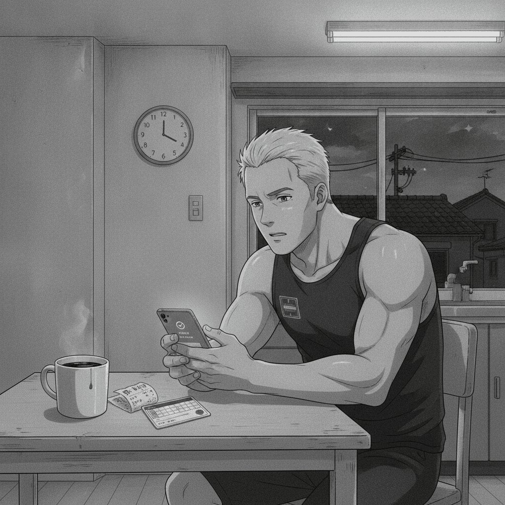 A foreign man sits at a kitchen table at night staring at a banking app on his phone next to a bank security card.