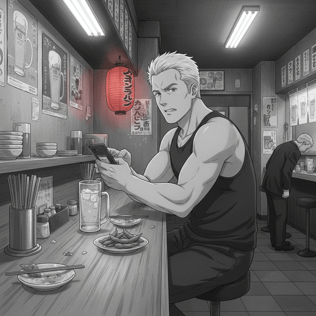 A foreign man sits at a late-night izakaya counter looking annoyed at his phone, with a drink and snacks in front of him.