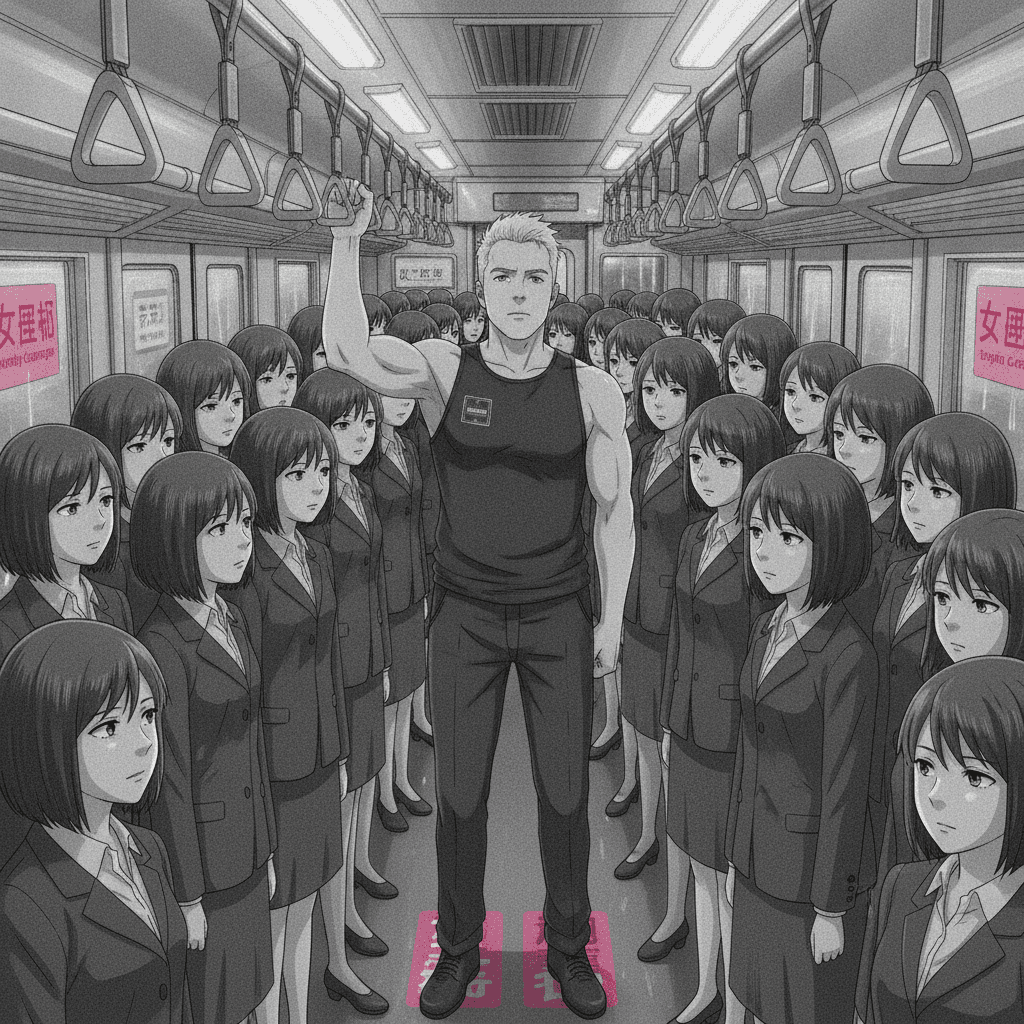 A foreign man stands in a crowded Tokyo train carriage marked with pink women-only signs while surrounding female commuters stare at him.
