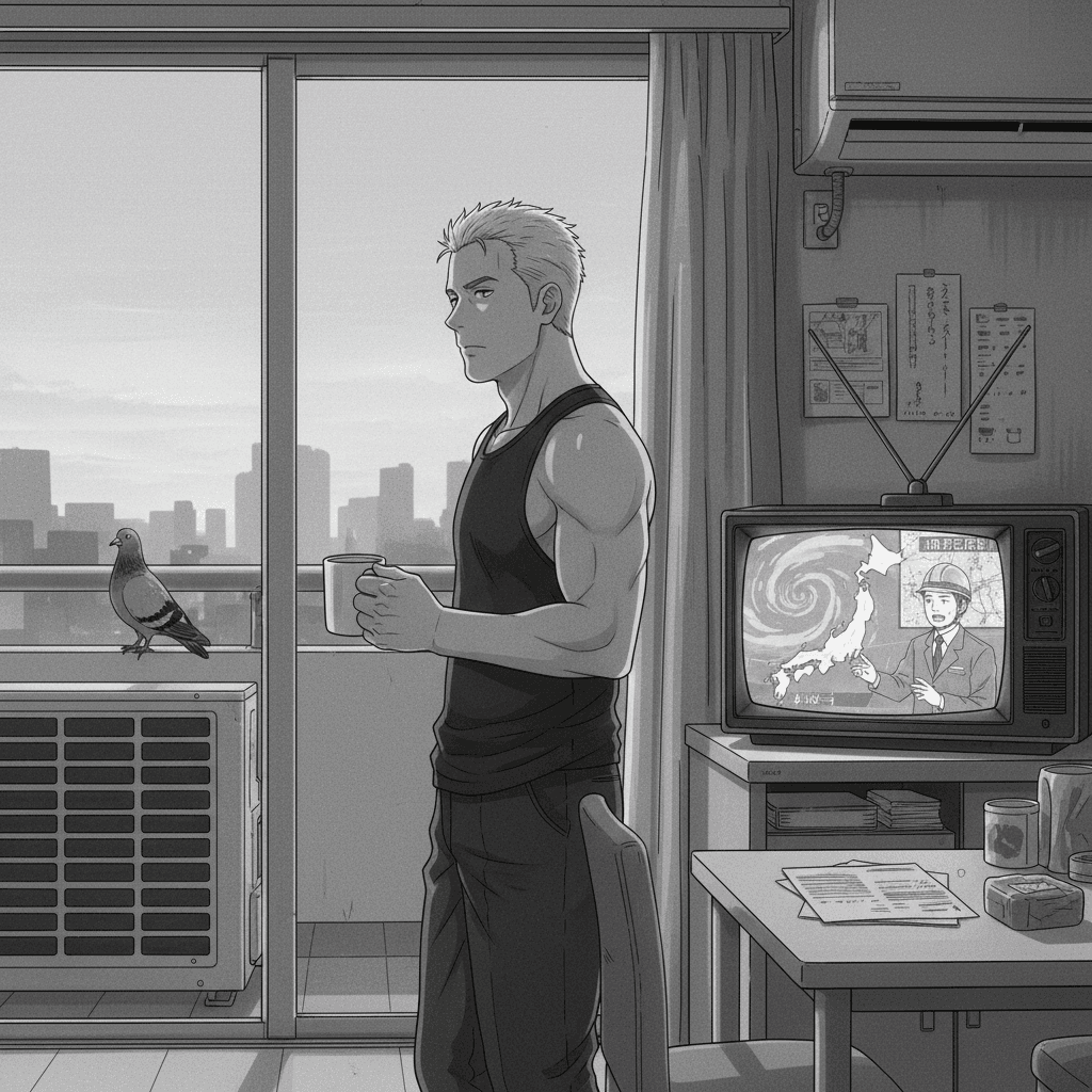 A foreign man stands at a Tokyo apartment window with a mug, watching calm weather outside while a TV behind him shows a dramatic typhoon warning map.