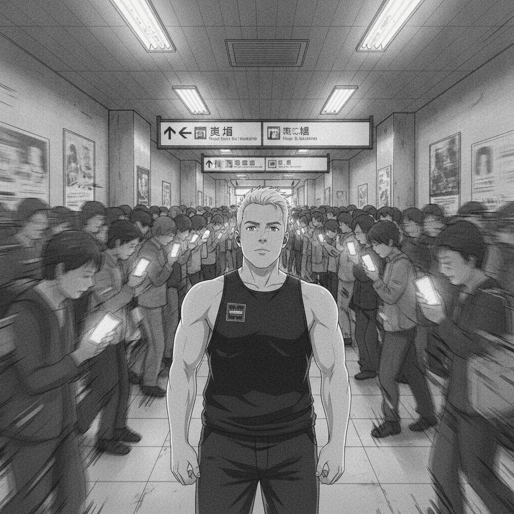 A foreign man stands still in a crowded Japanese train station while commuters walk slowly past him staring at their phones.