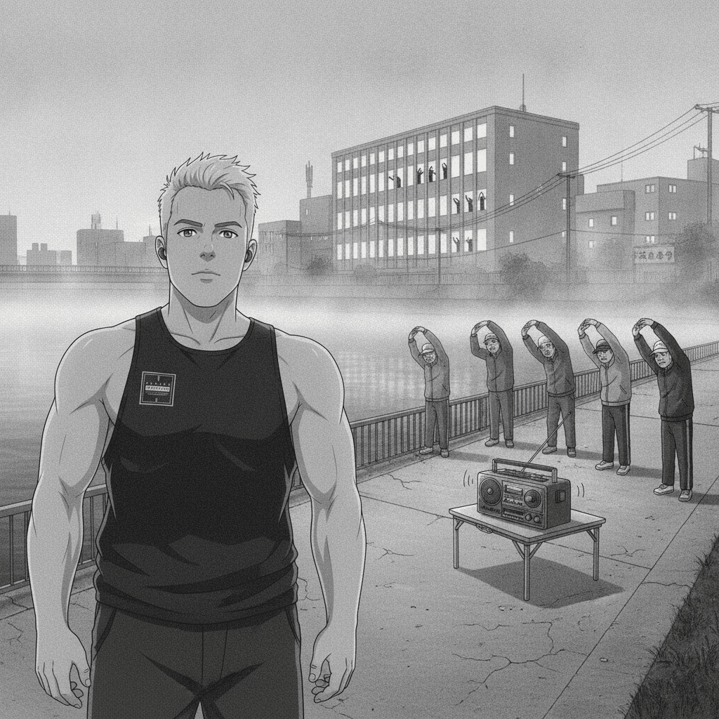 A group of elderly people doing synchronised morning stretches by a Tokyo riverside at dawn beside a portable radio.