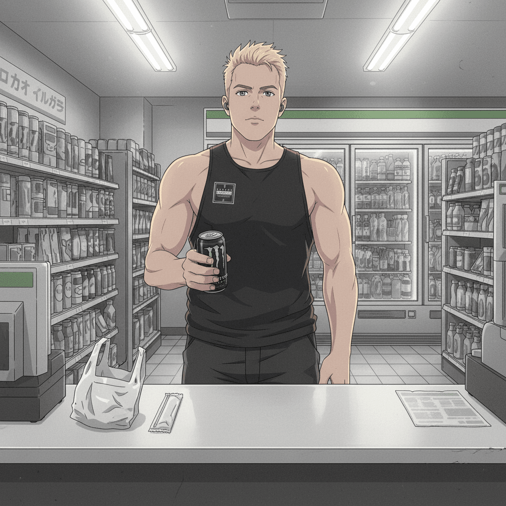 A foreign man at a Family Mart counter holding a can of energy drink, with a straw, hot towel and bag laid out in front of him.