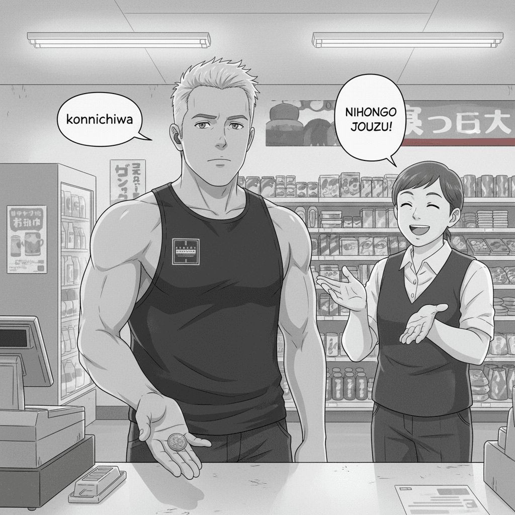 A foreign man stands at a Japanese convenience store counter with a blank expression while a cashier smiles and gestures approvingly at him.