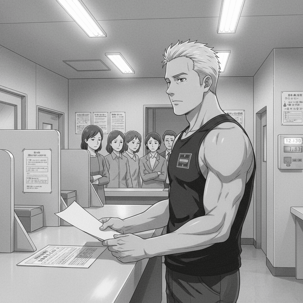A foreign man holds a paper certificate across a Japanese bank counter while people wait in a queue behind him.