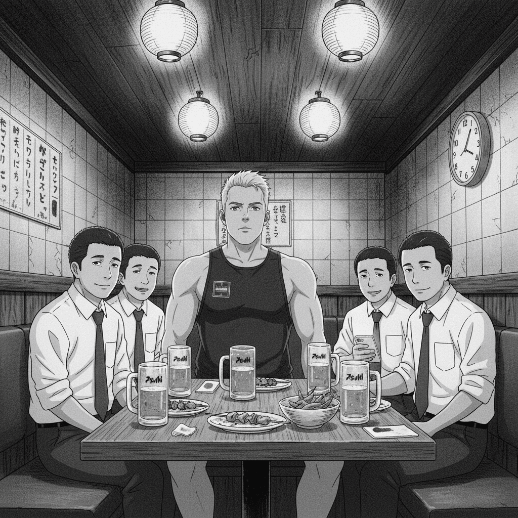 A crowded late-night izakaya booth with office workers in loosened ties sitting around a cluttered table of beer glasses, looking tired but frozen in place.