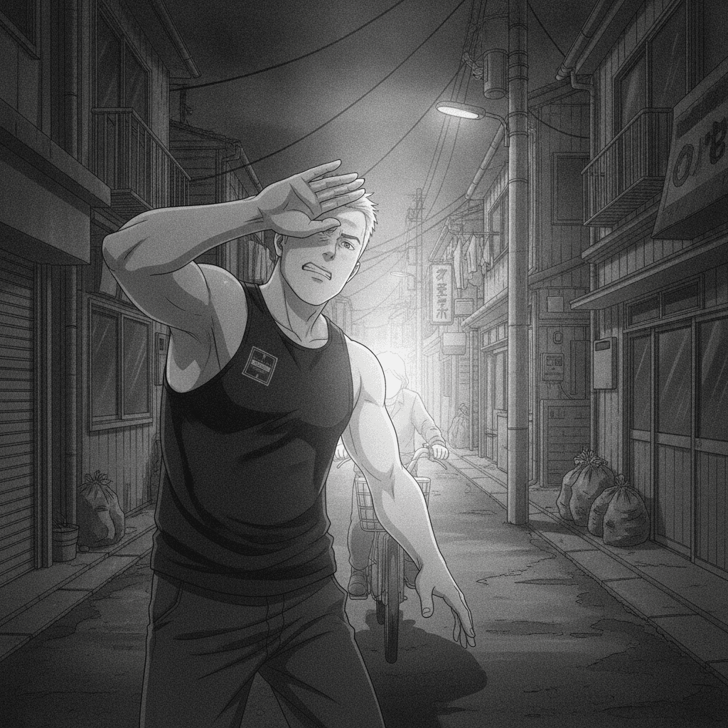 A foreign man shields his eyes from the blinding headlight of an oncoming bicycle on a dark Tokyo street at night.
