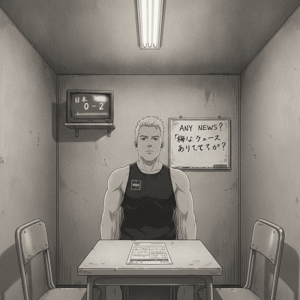 A foreign English teacher sits in a small conversation school booth with a worksheet, a football scoreboard showing Japan losing on a TV behind him.
