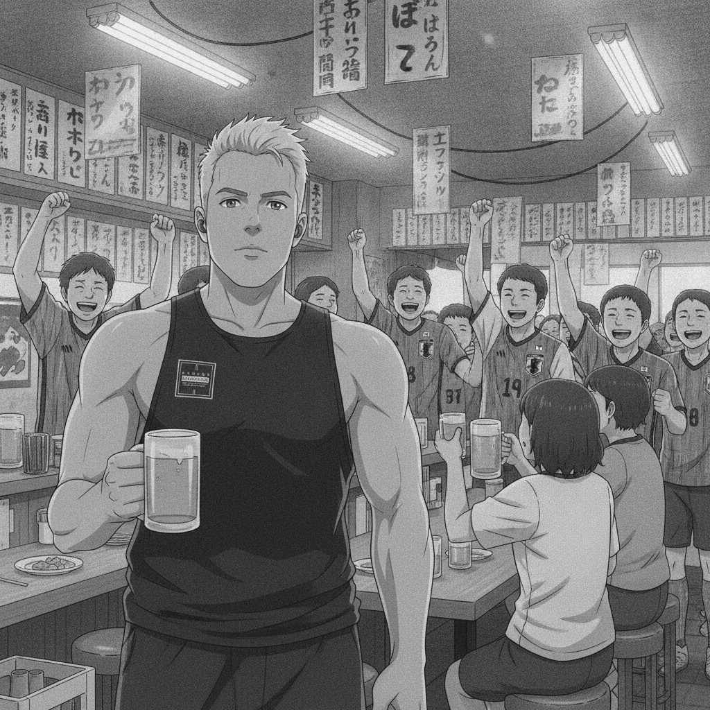 A foreign English teacher sits in a small conversation school booth with a worksheet, a football scoreboard showing Japan losing on a TV behind him.