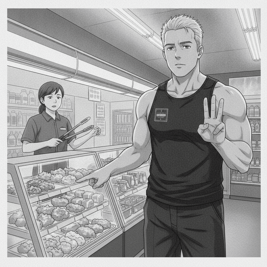 A foreign man holds up three fingers at a Family Mart hot food counter while a surprised staff member holds tongs over a case of fried chicken.