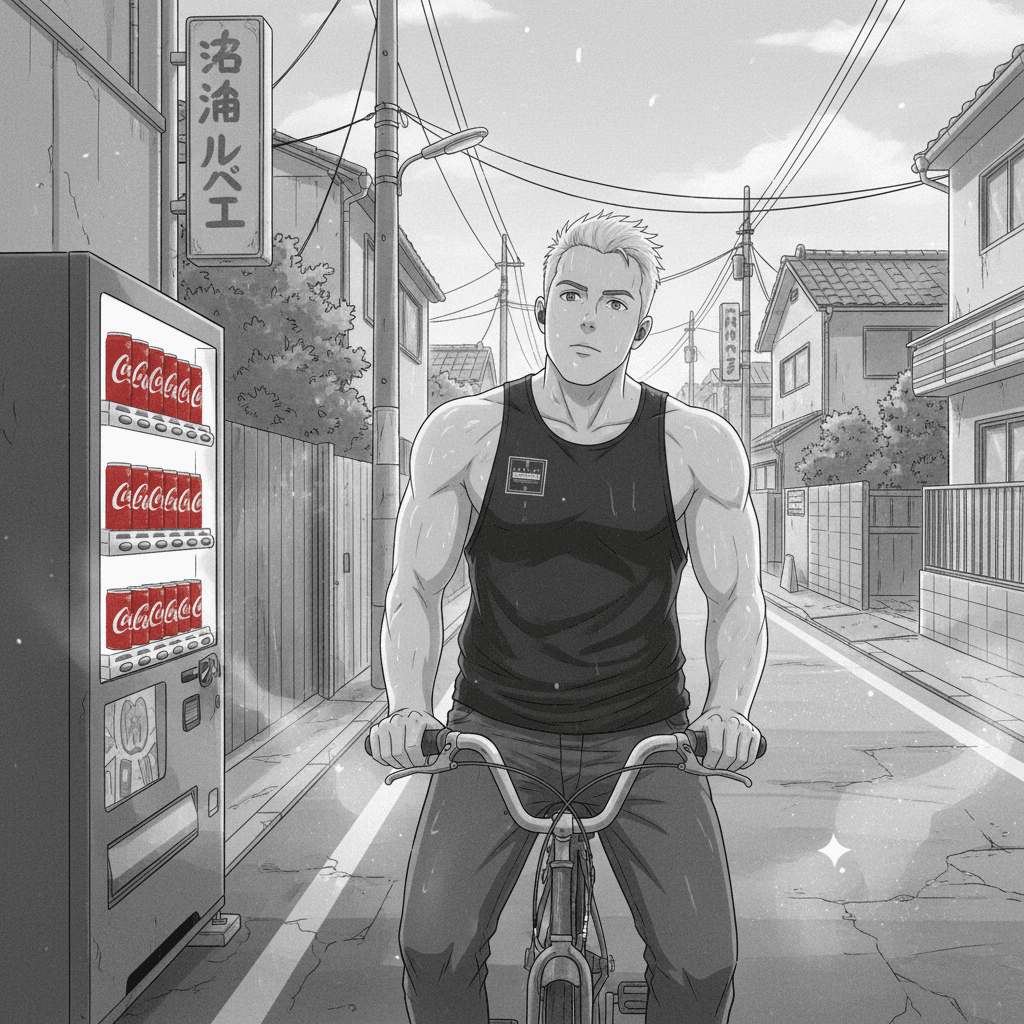 A foreign man on a bicycle stares at a Japanese vending machine fully stocked with rows of Coca-Cola in the summer heat.