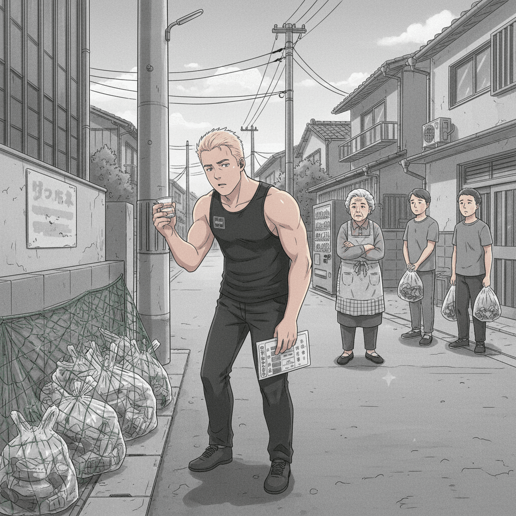 A foreign man stands at a Japanese neighbourhood rubbish collection point holding a yoghurt pot, watched by an elderly woman.