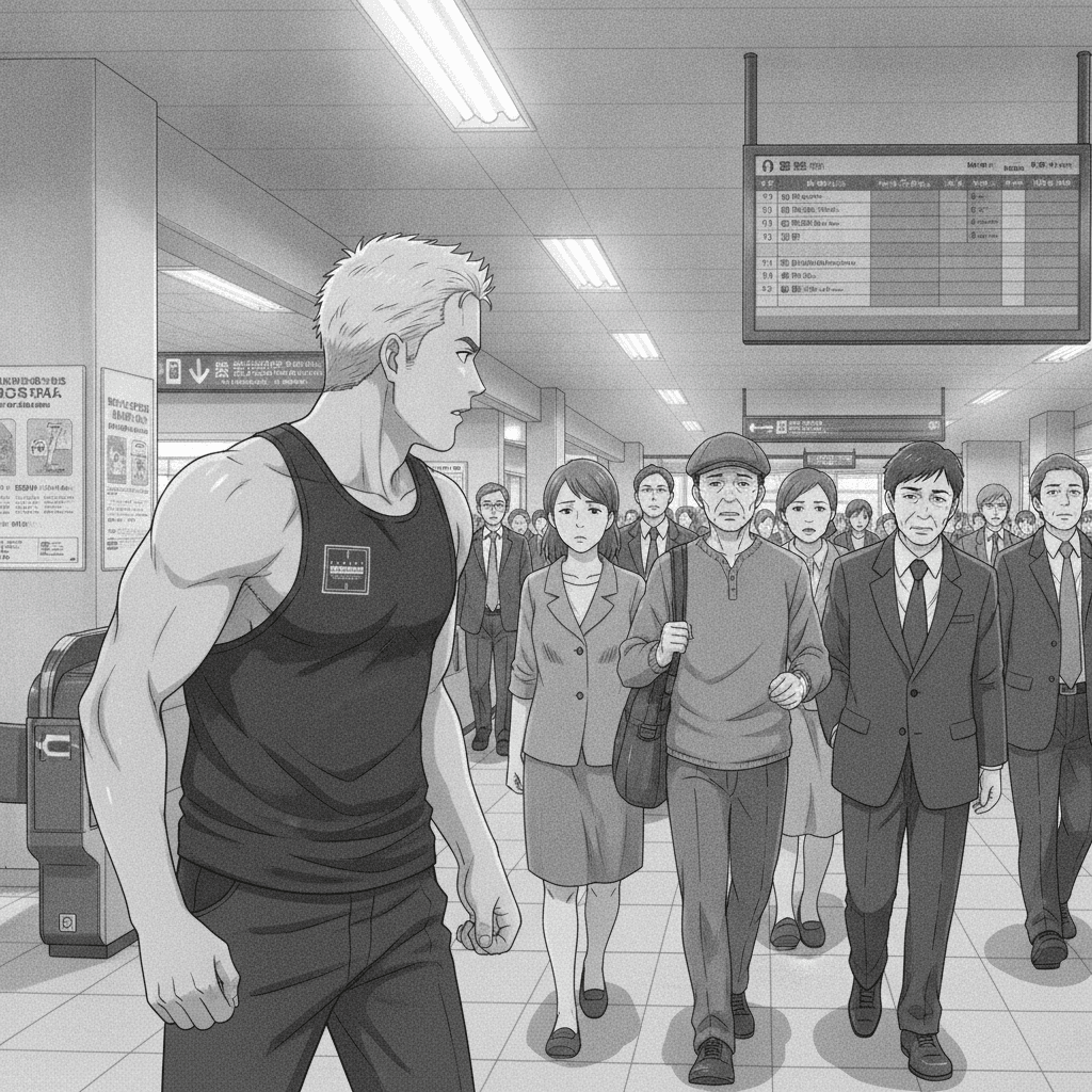 A foreign man turns over his shoulder to confront an elderly man in a busy Tokyo train station as commuters walk past.