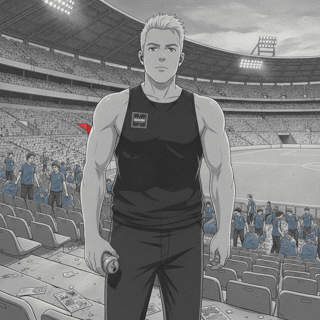 A foreign man stands in empty stadium seats holding a can while fans below collect litter into blue bags.
