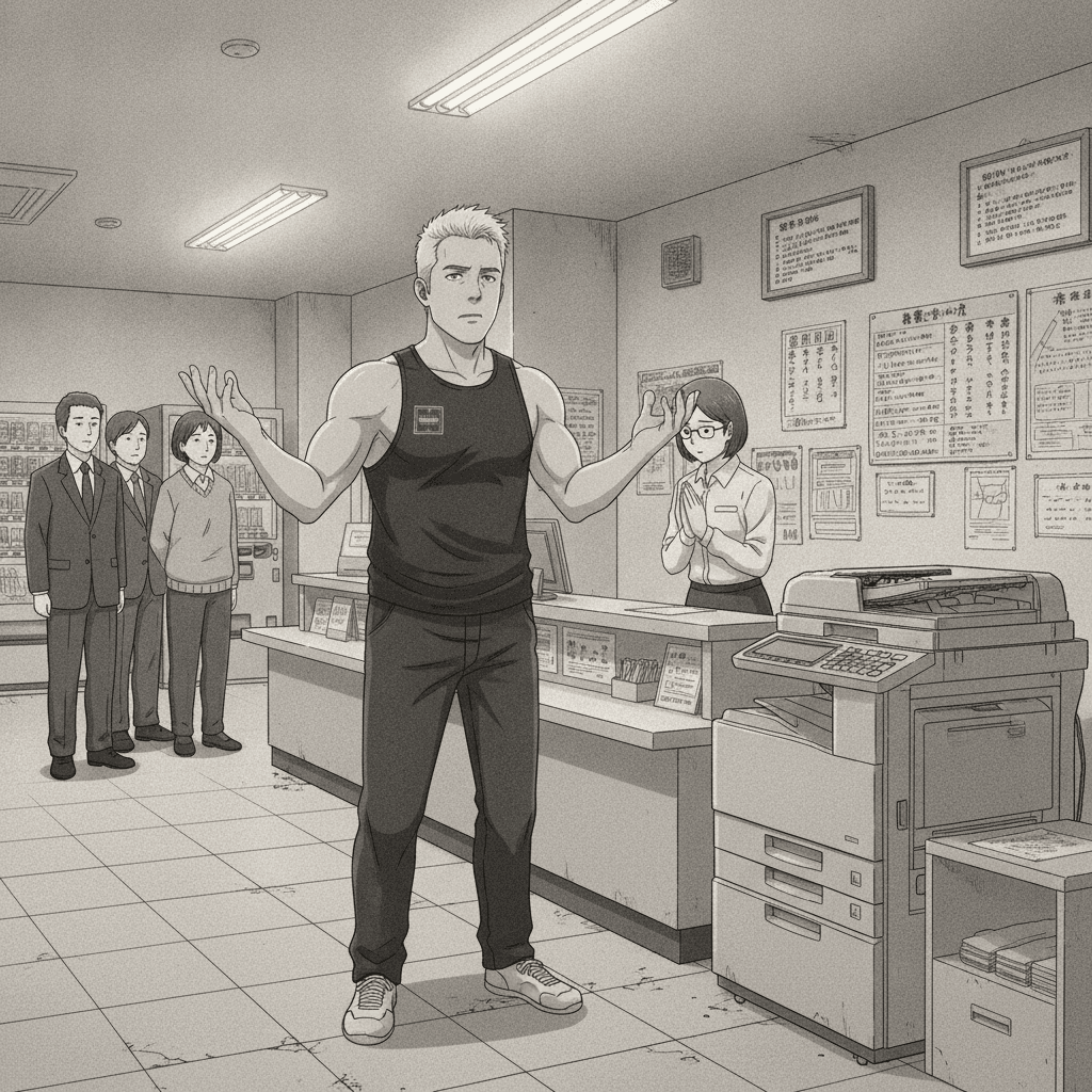 A foreign man throws up his hands at a Japanese office counter while a staff member bows apologetically, a photocopier visible nearby.