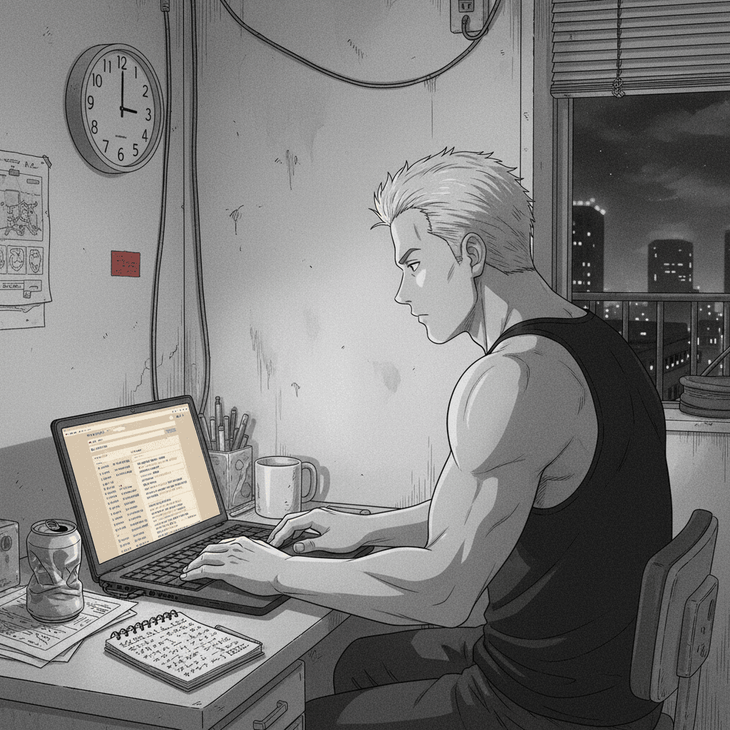 A foreign man sits at a desk late at night, frustrated, staring at a laptop displaying a Japanese website sign-up form full of error messages.