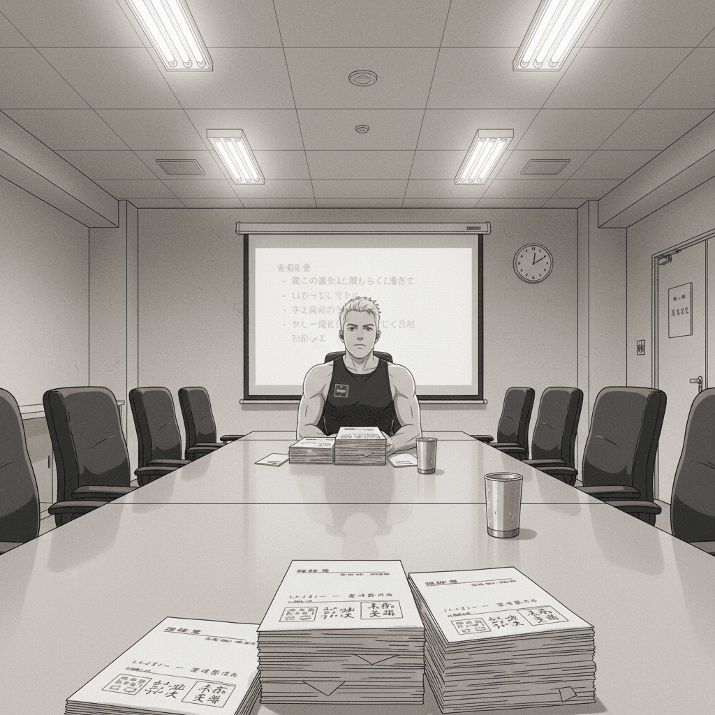 A foreign man slumped at the end of a long office conference table surrounded by empty chairs, paperwork and a projector screen.