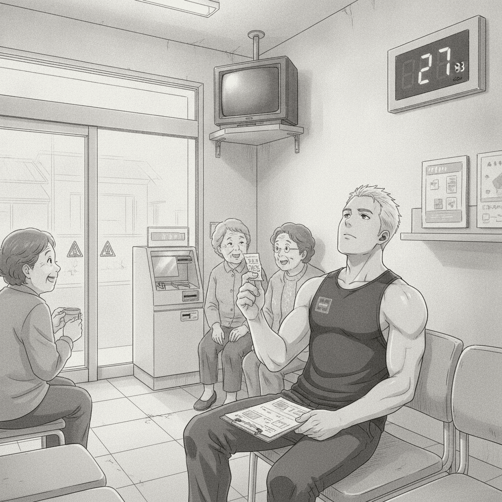 A tired foreign man sits in a Japanese clinic waiting room holding a paper ticket, surrounded by elderly patients and a number board.