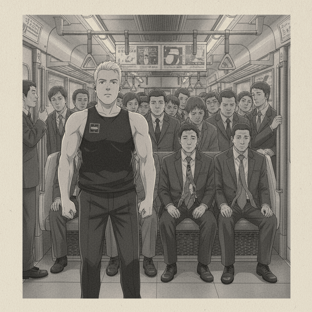 A foreign man on a packed Tokyo train stares at a row of seated salarymen wearing tie pins clipped low near their belts.