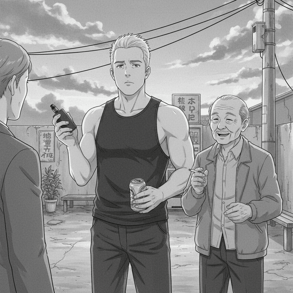 A foreign man with a vape and a beer stands in an outdoor smoking area as an elderly Japanese man with a cigarette starts a conversation.