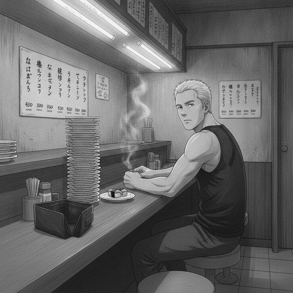 A foreign man sits at a small Japanese sushi counter beside a tall stack of empty plates, looking unimpressed at a tiny portion of sushi.