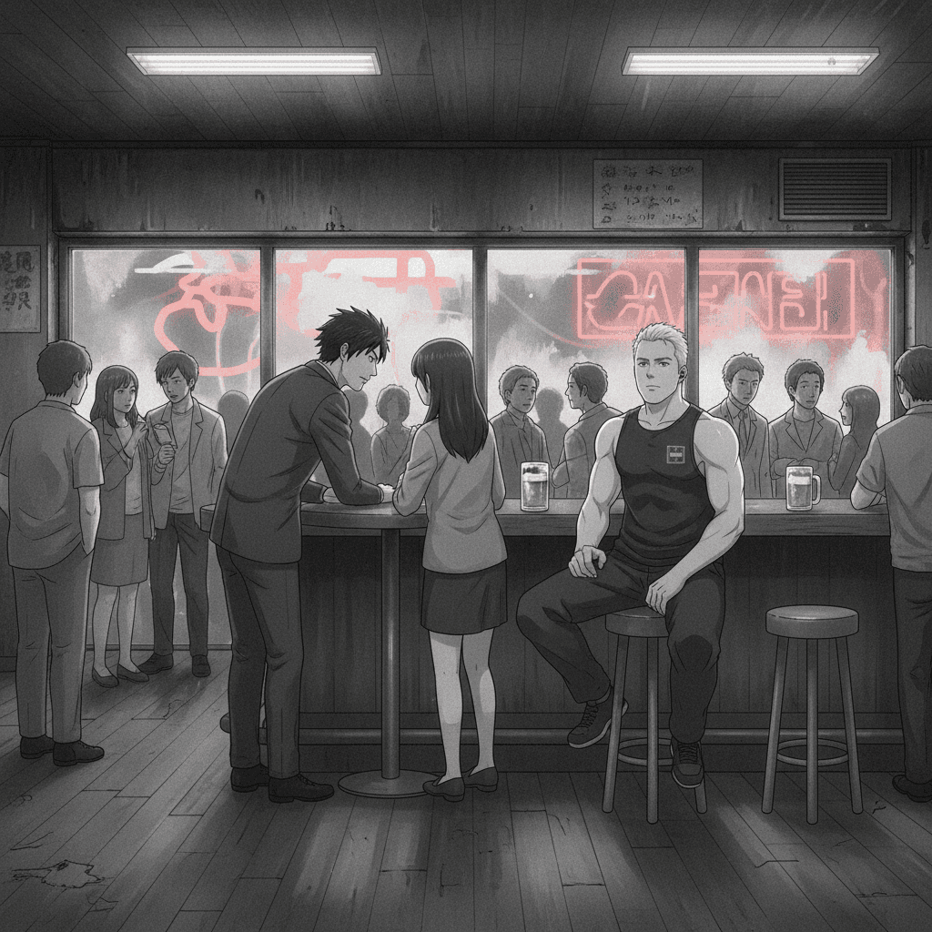 A crowded Tokyo bar at night, a Japanese man talking to a woman at a table while an empty stool with a beer glass sits nearby.