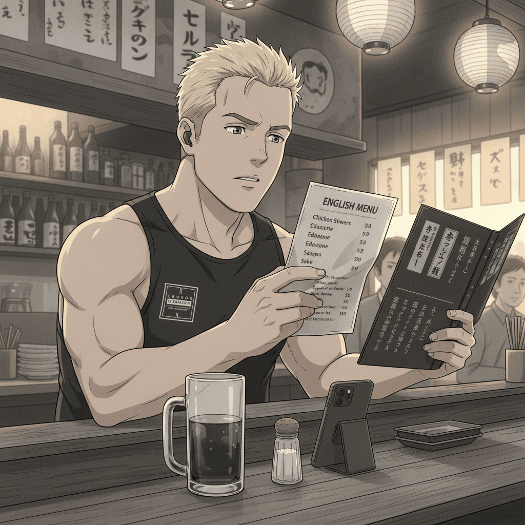 A foreign man at an izakaya counter holding a sparse English menu while a fuller Japanese menu sits beside him.