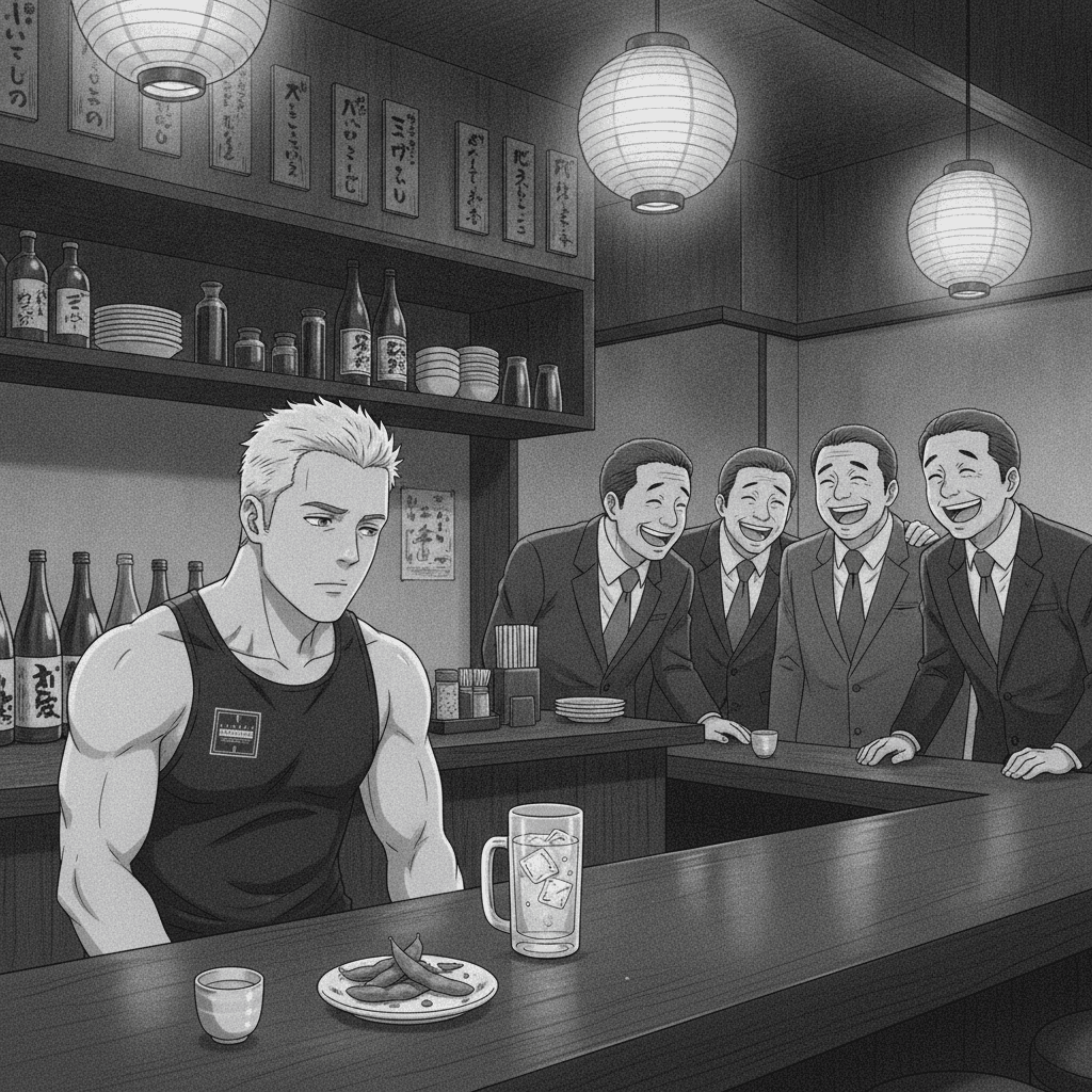 A foreign man sits alone at an izakaya counter watching a group of smiling salarymen socialising together across the room.