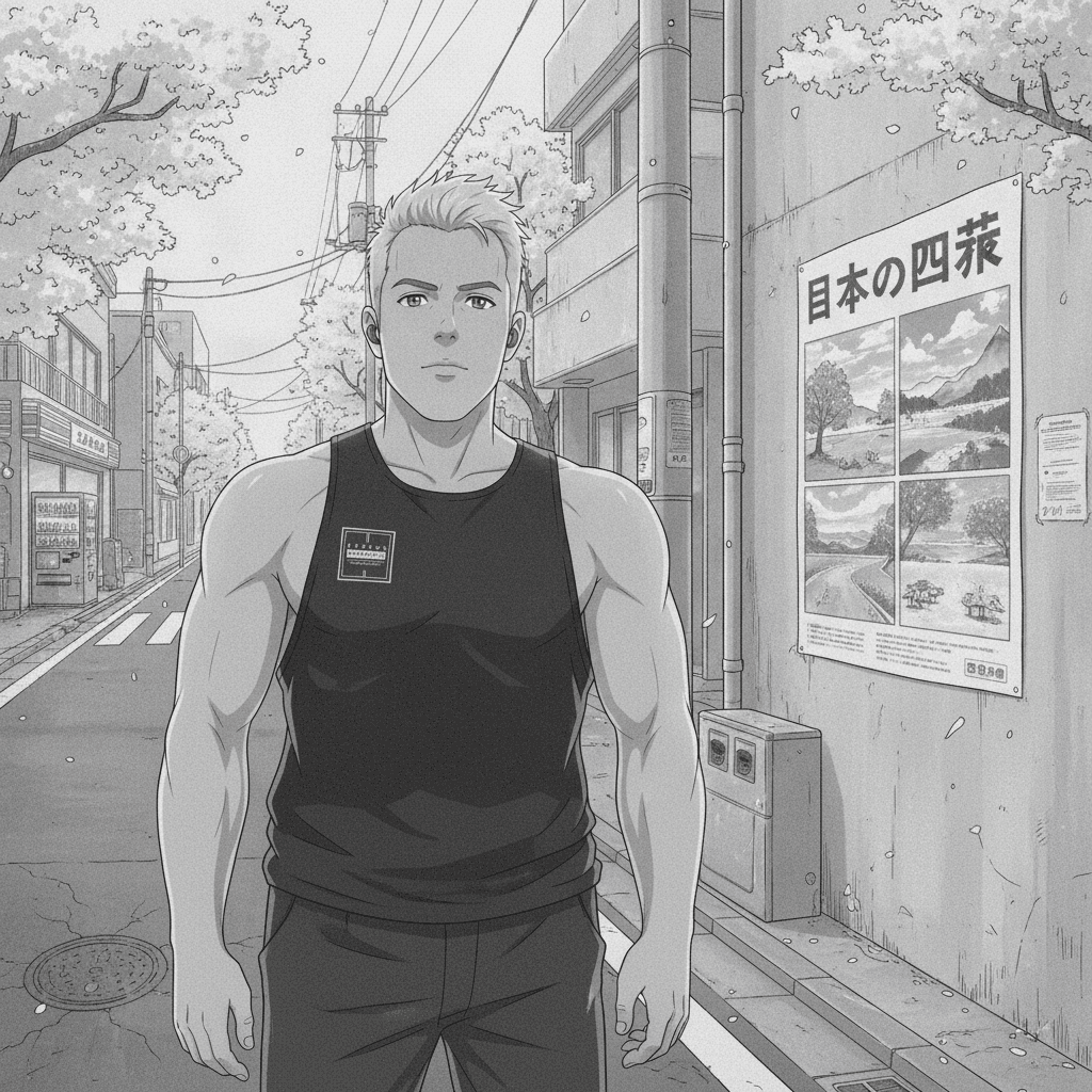 A foreign man stands on a Tokyo street looking unimpressed at a tourism poster about Japan's four seasons, cherry blossoms around him.