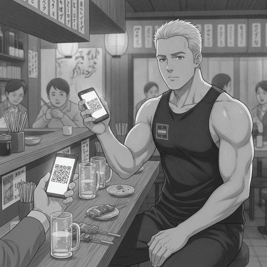 A foreign man in a small Japanese bar reluctantly holds up his phone as a stranger presents a LINE QR code across the counter.