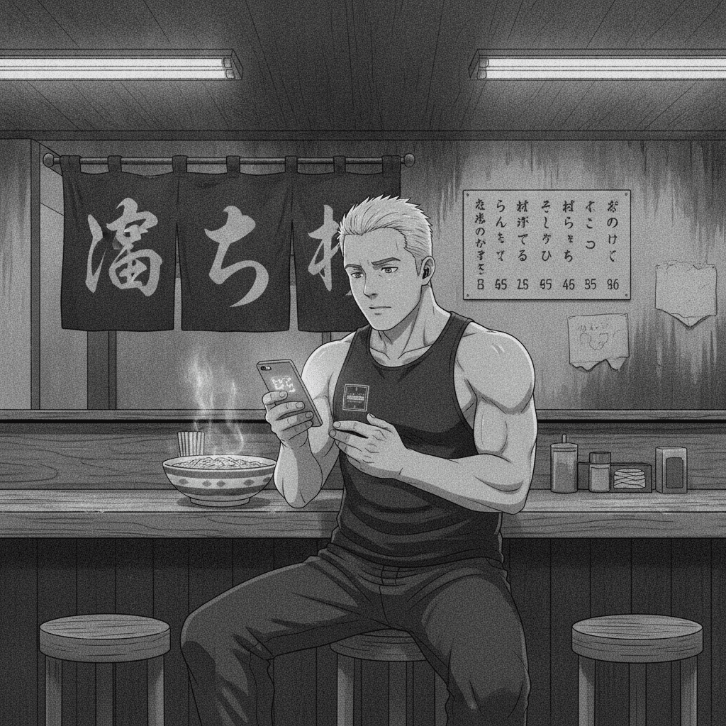 A foreign man sits at a Tokyo ramen counter at night, staring at his phone with a bowl of ramen in front of him.