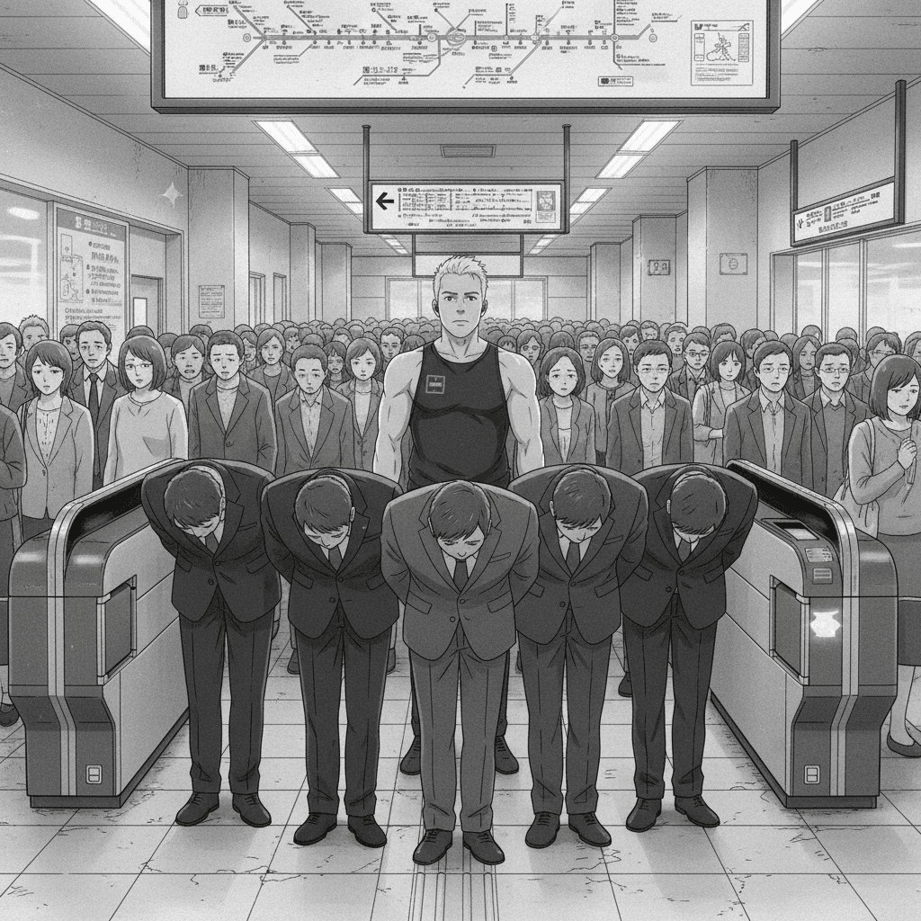 A foreign man stuck behind a group of bowing office workers blocking a Japanese train station ticket gate during rush hour.
