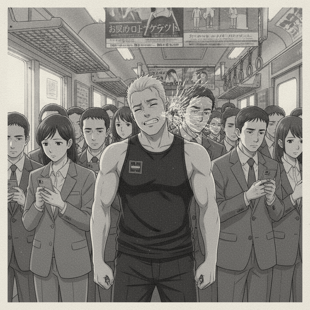 A foreign man winces on a crowded Tokyo commuter train as a nearby salaryman sneezes loudly while others ignore it.